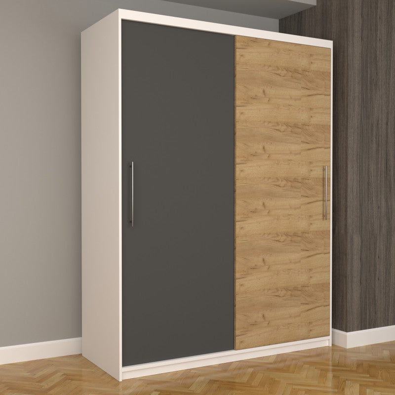 Dulap Dormitor Nova Eco 150 cm x 200 cm, fara oglinda, alb cu usi glisante gri oak craft gold