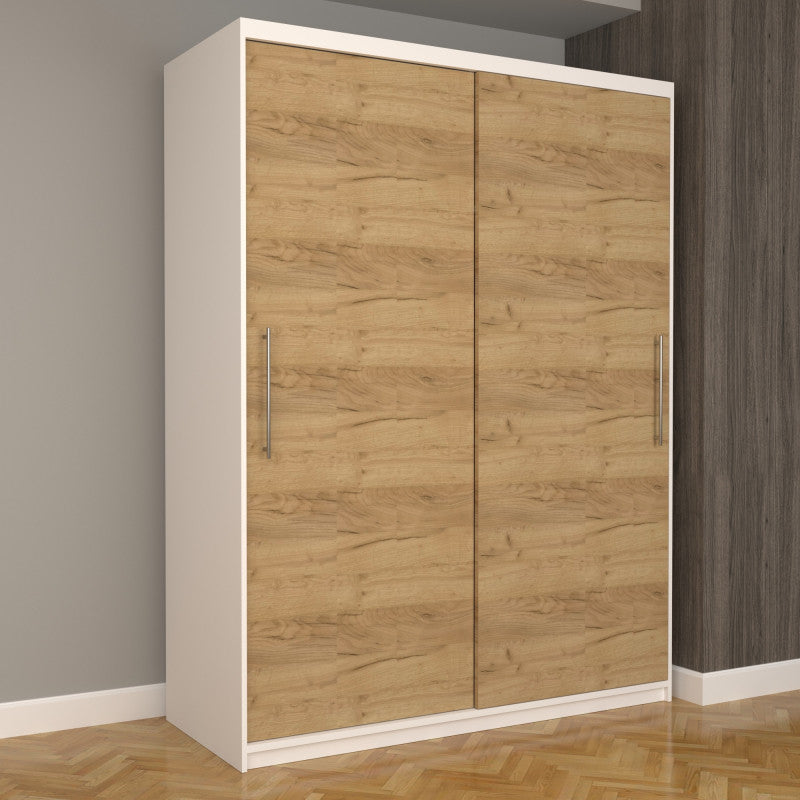 Dulap Dormitor Nova Eco 150 cm x 200 cm, fara oglinda, alb cu usi glisante oak craft gold