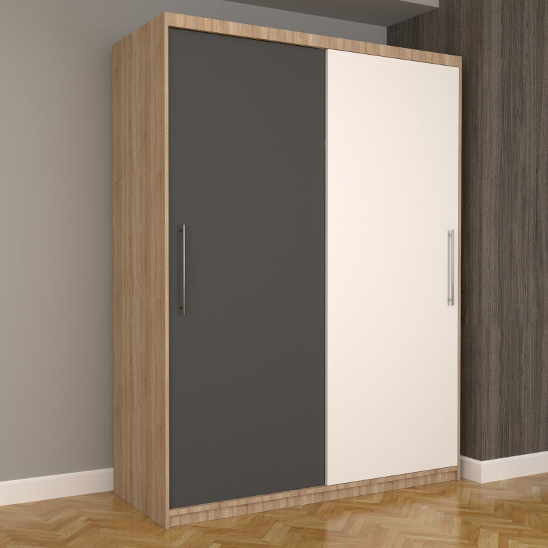 Dulap Dormitor Nova Eco 150 cm x 200 cm, fara oglinda, sonoma cu usi glisante gri alb