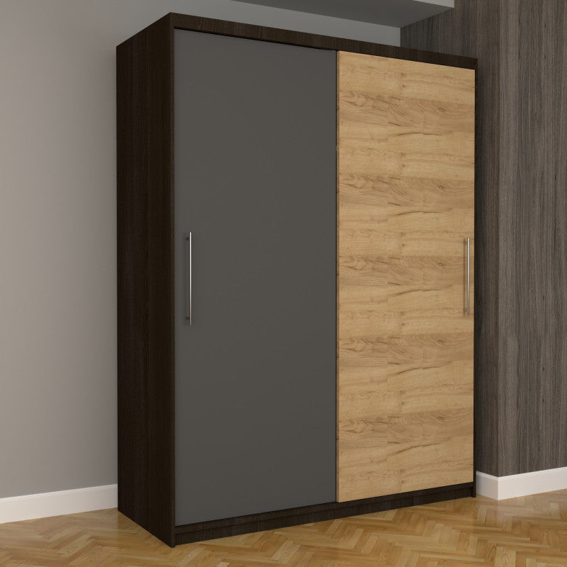 Dulap Dormitor Nova Eco 150 cm x 200 cm, fara oglinda, wenge cu usi glisante gri oak craft gold