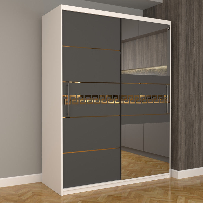 Dulap Dormitor Nova Gold 150 cm x 200 cm cu oglinda Alb cu usi glisante gri