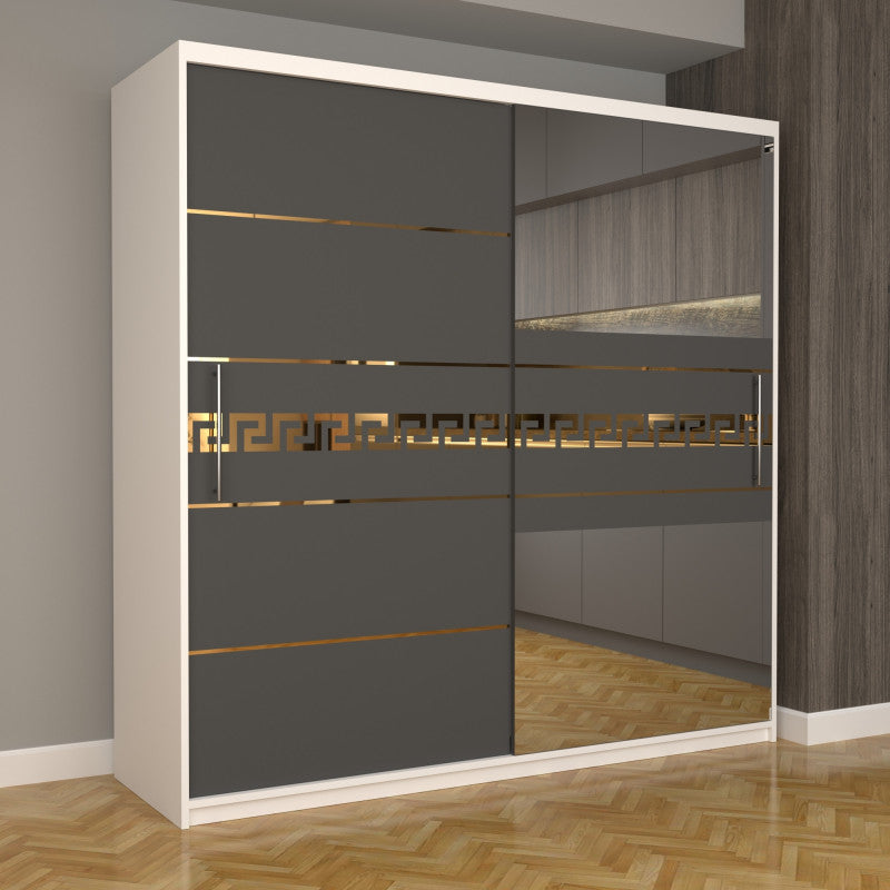 Dulap Dormitor Nova Gold 200 cm x 200 cm cu oglinda Alb cu usi glisante gri