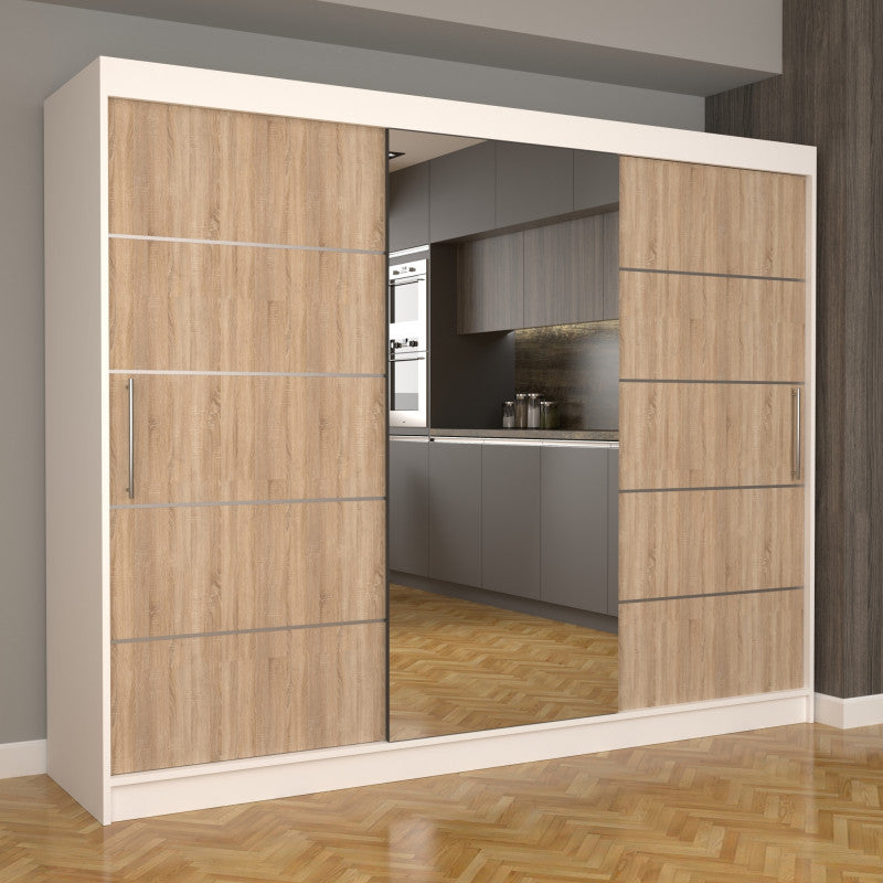 Dulap Dormitor Nova Plus 250 cm x 200 cm , cu oglinda , alb cu usi glisante sonoma