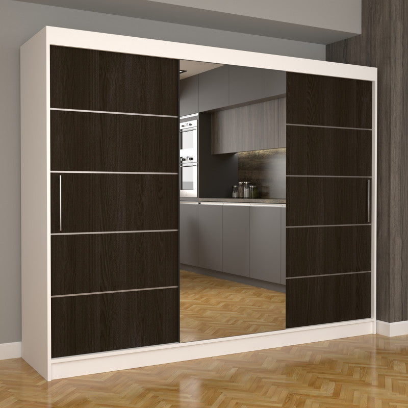 Dulap Dormitor Nova Plus 250 cm x 200 cm , cu oglinda , alb cu usi glisante wenge