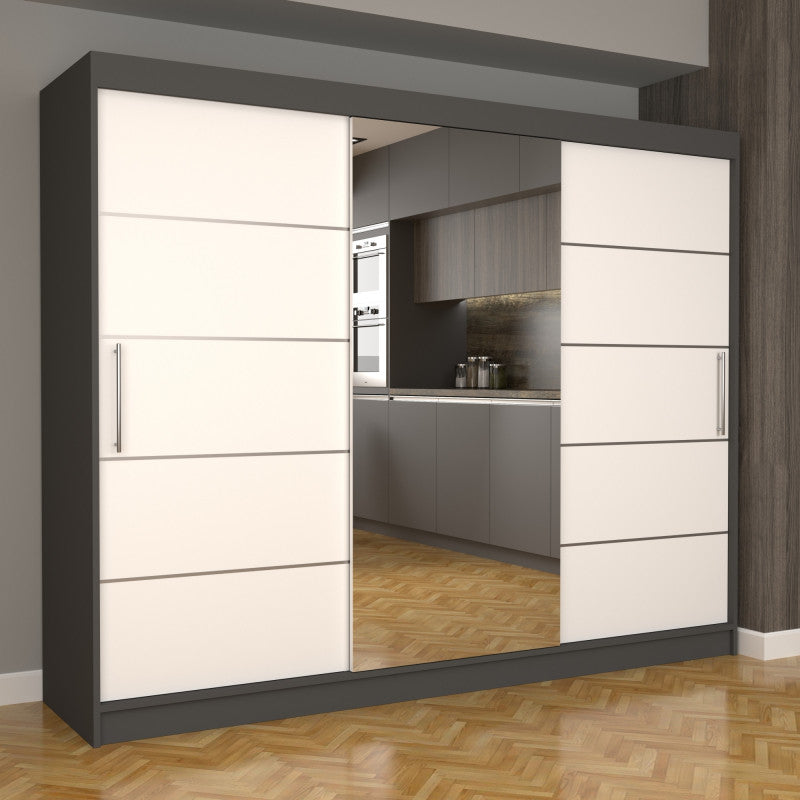 Dulap Dormitor Nova Plus 250 cm x 200 cm , cu oglinda , gri cu usi glisante albe