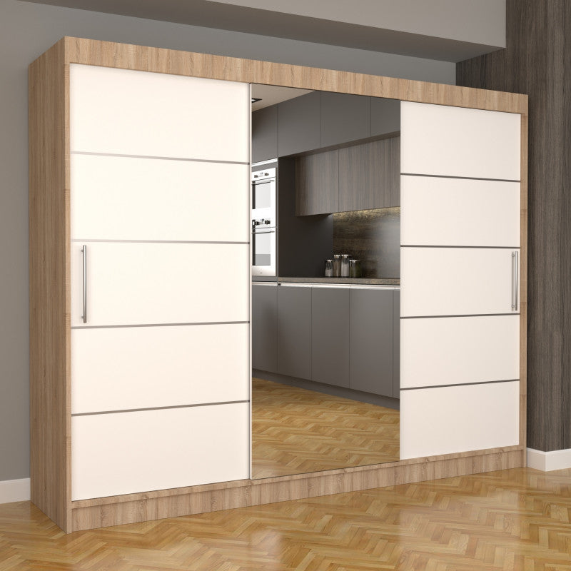 Dulap Dormitor Nova Plus 250 cm x 200 cm , cu oglinda , sonoma cu usi glisante albe