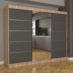 Dulap Dormitor Nova Plus 250 cm x 200 cm , cu oglinda , sonoma cu usi glisante gri