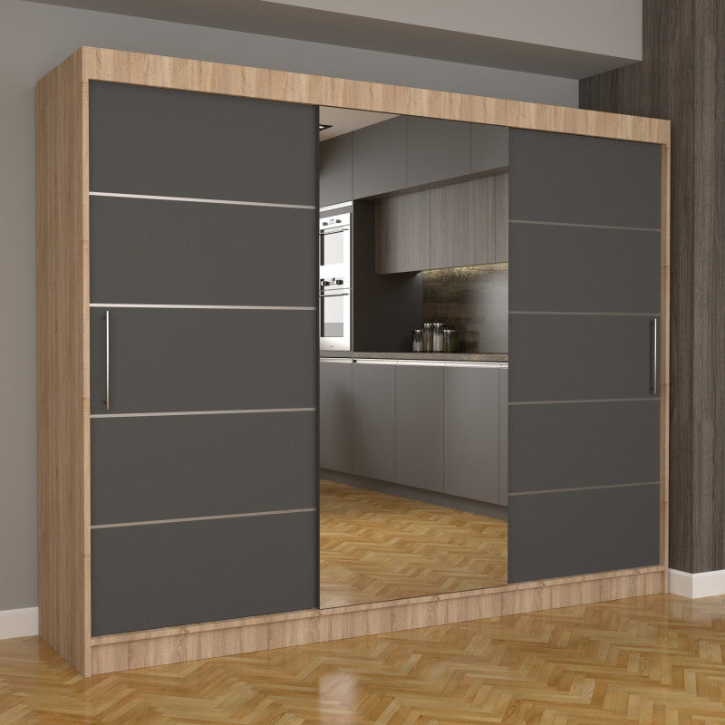 Dulap Dormitor Nova Plus 250 cm x 200 cm , cu oglinda , sonoma cu usi glisante gri