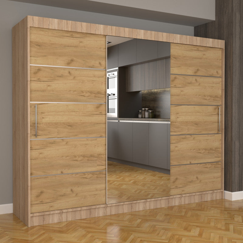 Dulap Dormitor Nova Plus 250 cm x 200 cm , cu oglinda , sonoma cu usi glisante oak craft gold