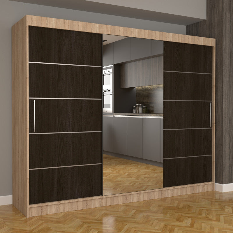 Dulap Dormitor Nova Plus 250 cm x 200 cm , cu oglinda , sonoma cu usi glisante wenge