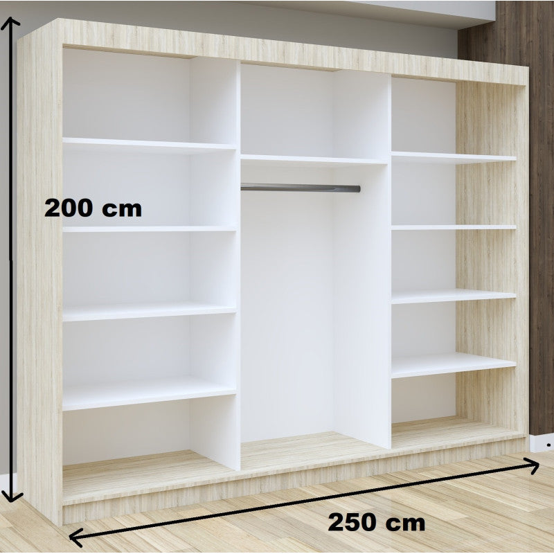 Dulap Dormitor Nova Plus 250 cm x 200 cm , cu oglinda , sonoma cu usi glisante wenge