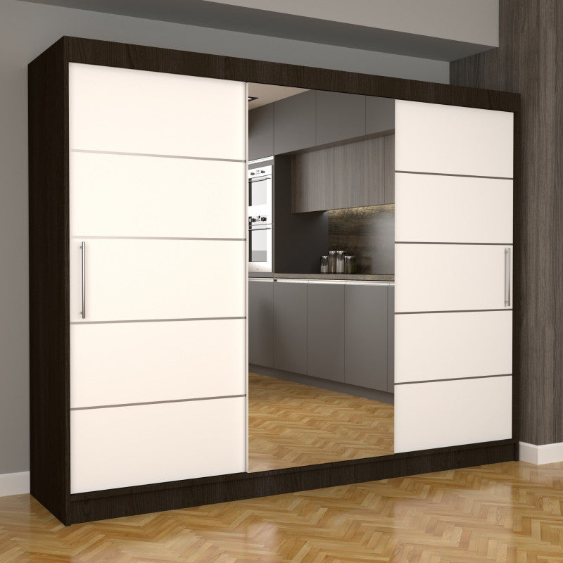 Dulap Dormitor Nova Plus 250 cm x 200 cm , cu oglinda , wenge cu usi glisante albe