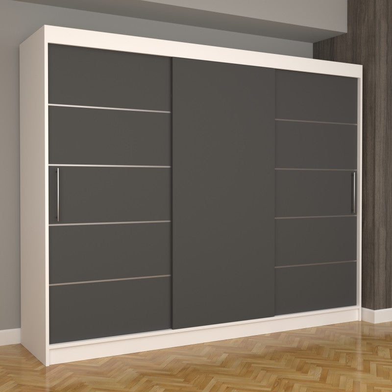 Dulap Dormitor Nova Plus 250 cm x 200 cm , fara oglinda , alb cu usi glisante gri