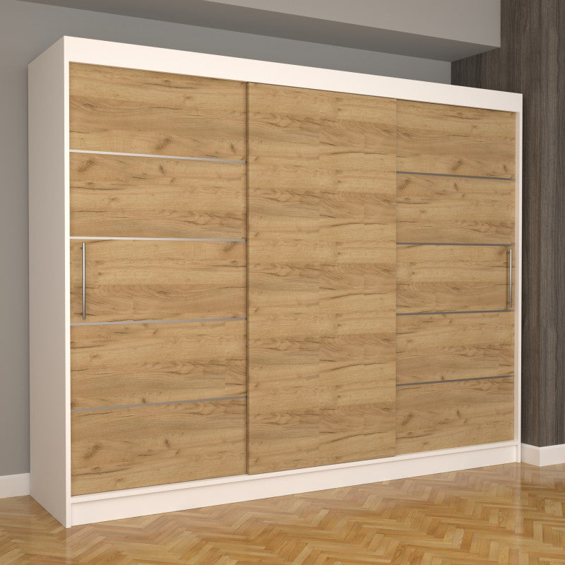 Dulap Dormitor Nova Plus 250 cm x 200 cm , fara oglinda , alb cu usi glisante oak craft gold
