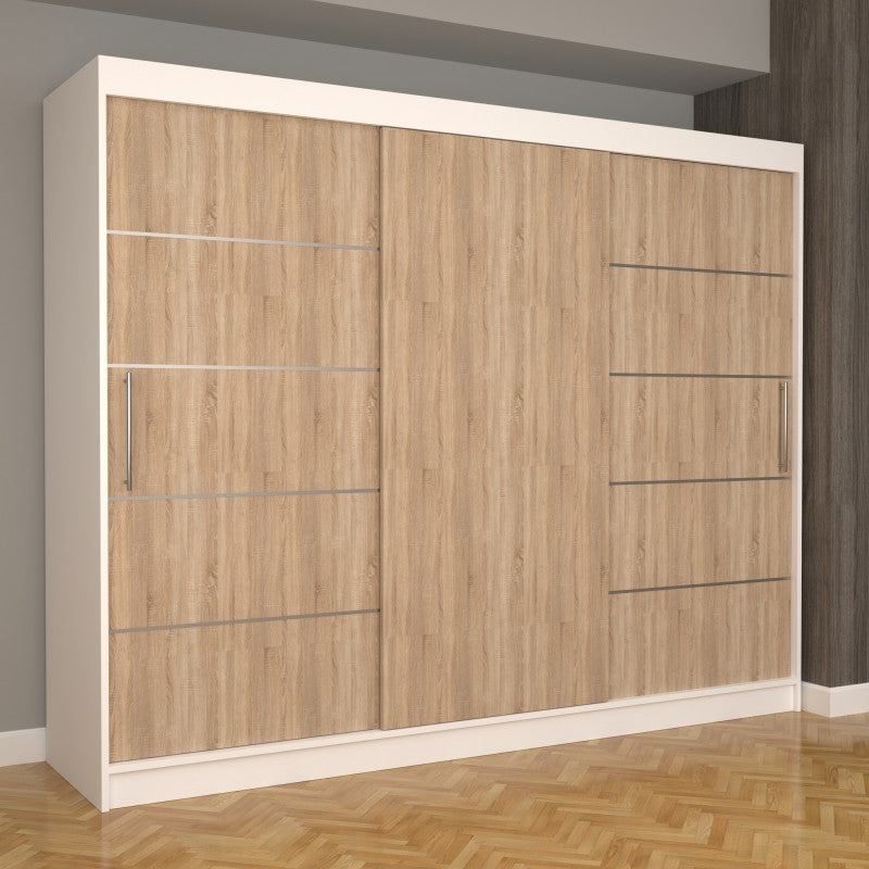 Dulap Dormitor Nova Plus 250 cm x 200 cm , fara oglinda , alb cu usi glisante sonoma