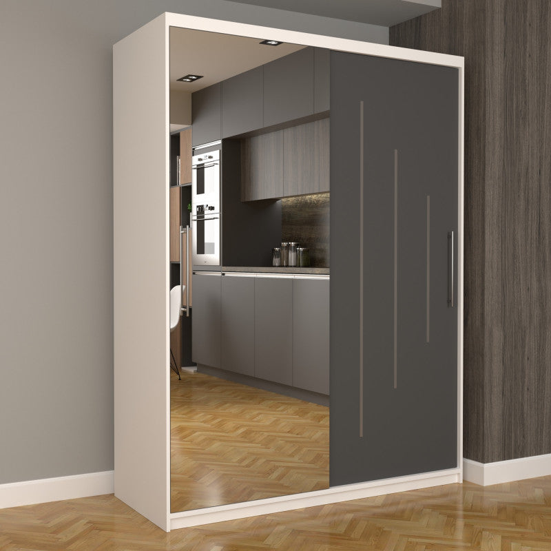 Dulap Dormitor Nova Ultra 150 cm x 200 cm , cu oglinda , alb cu usi glisante gri