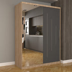 Dulap Dormitor Nova Ultra 150 cm x 200 cm , cu oglinda , sonoma cu usi glisante gri