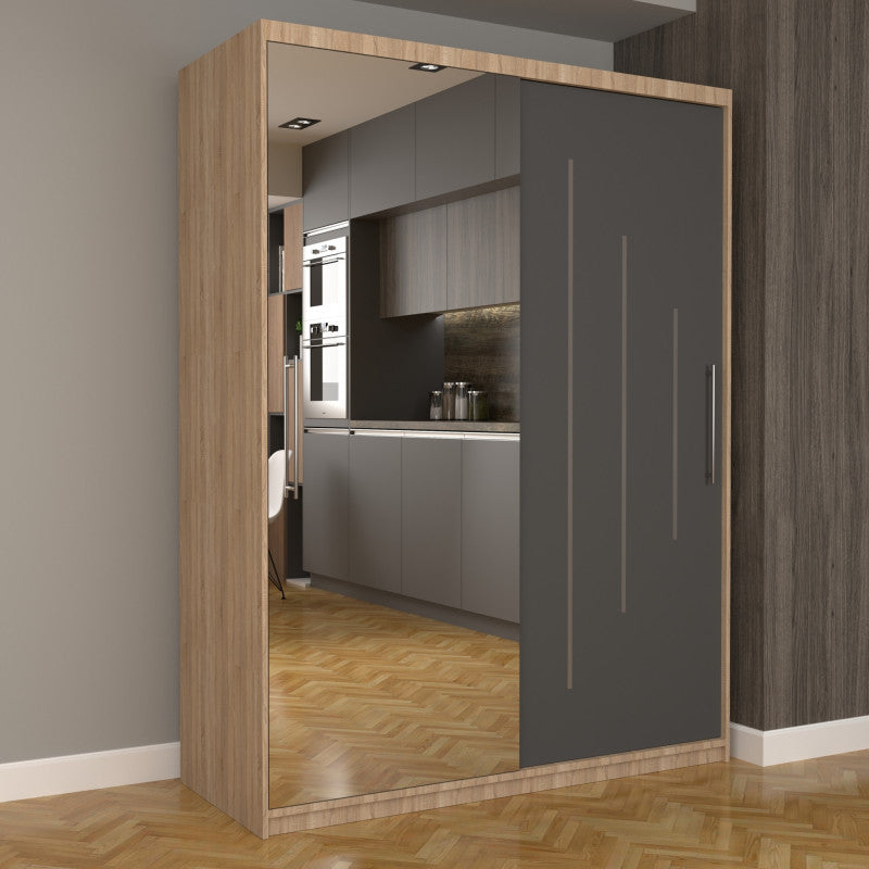 Dulap Dormitor Nova Ultra 150 cm x 200 cm , cu oglinda , sonoma cu usi glisante gri