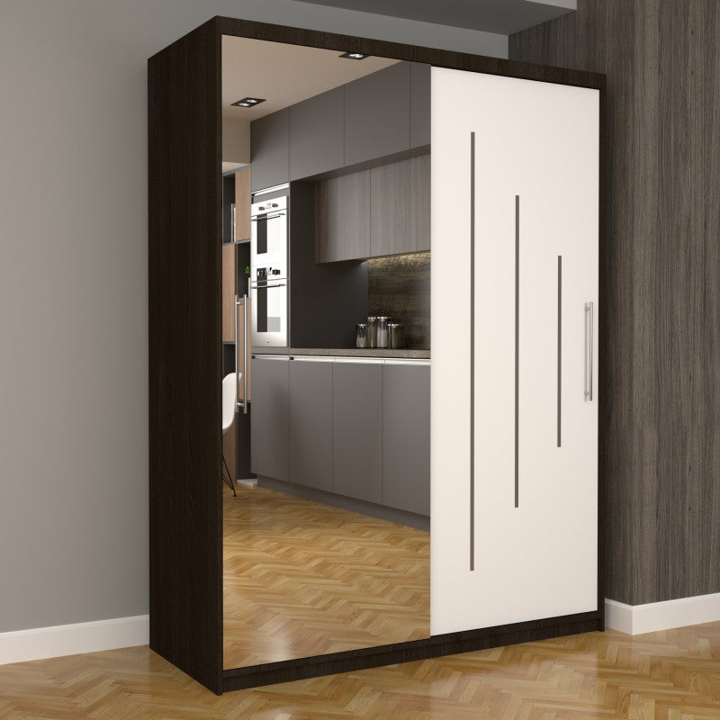 Dulap Dormitor Nova Ultra 150 cm x 200 cm , cu oglinda , wenge cu usi glisante albe