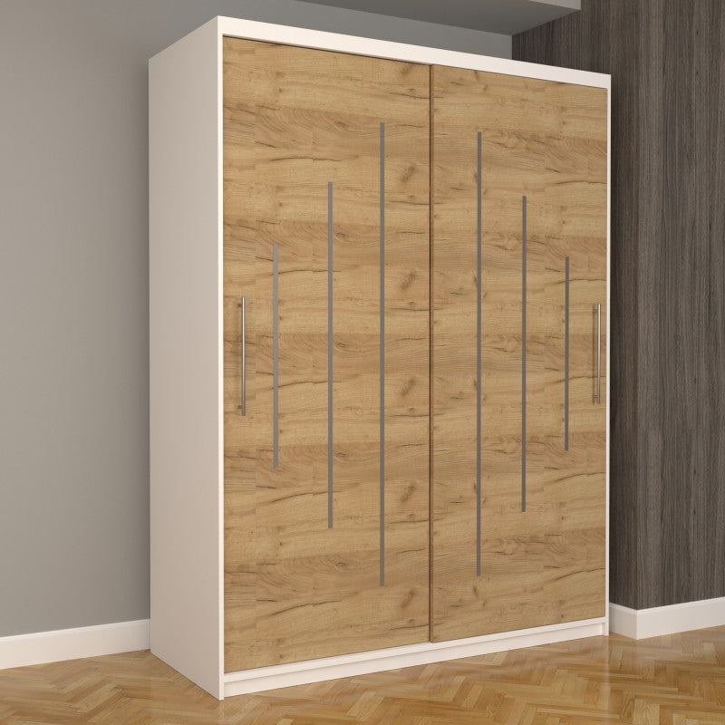 Dulap Dormitor Nova Ultra 150 cm x 200 cm , fara oglinda , alb cu usi glisante oak craft gold