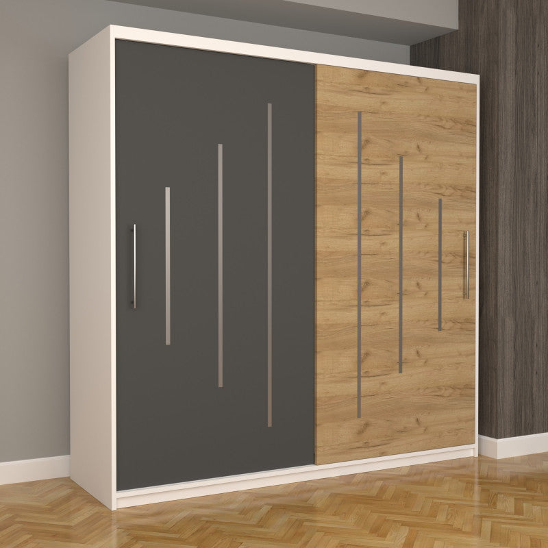 Dulap Dormitor Nova Ultra 200 cm x 200 cm , fara oglinda , alb cu usi glisante gri oak craft gold