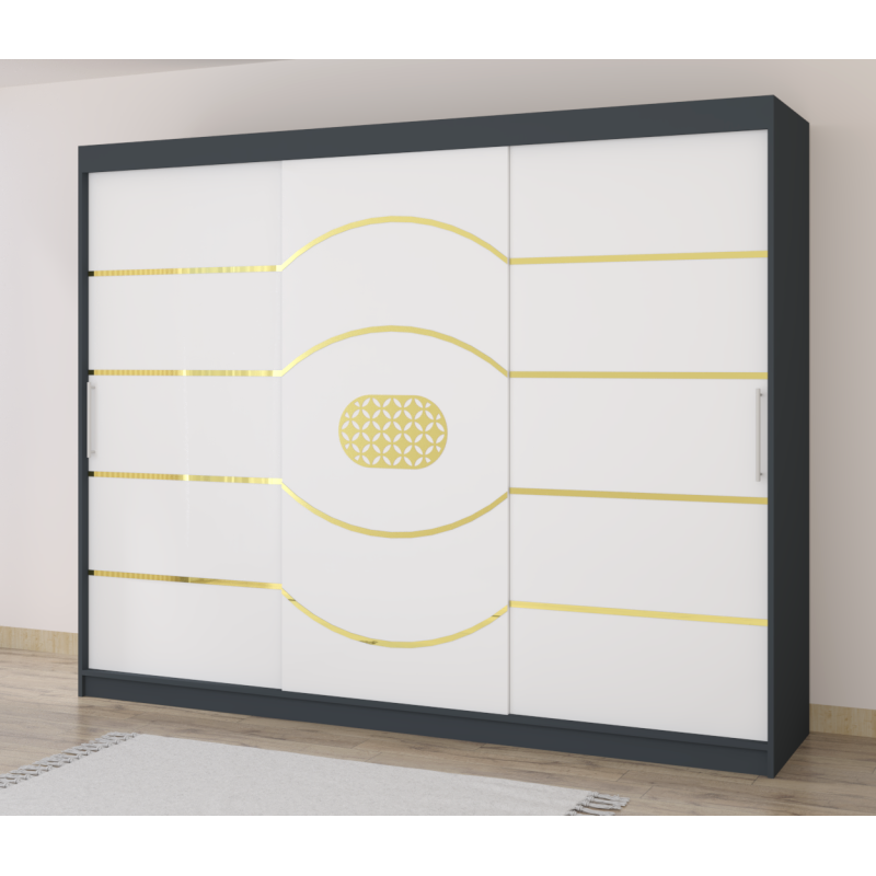 Dulap Nordis 250 cm Gri Cu Usi Glisante Albe Fara Oglinda Ornament Gold Rotund Plus
