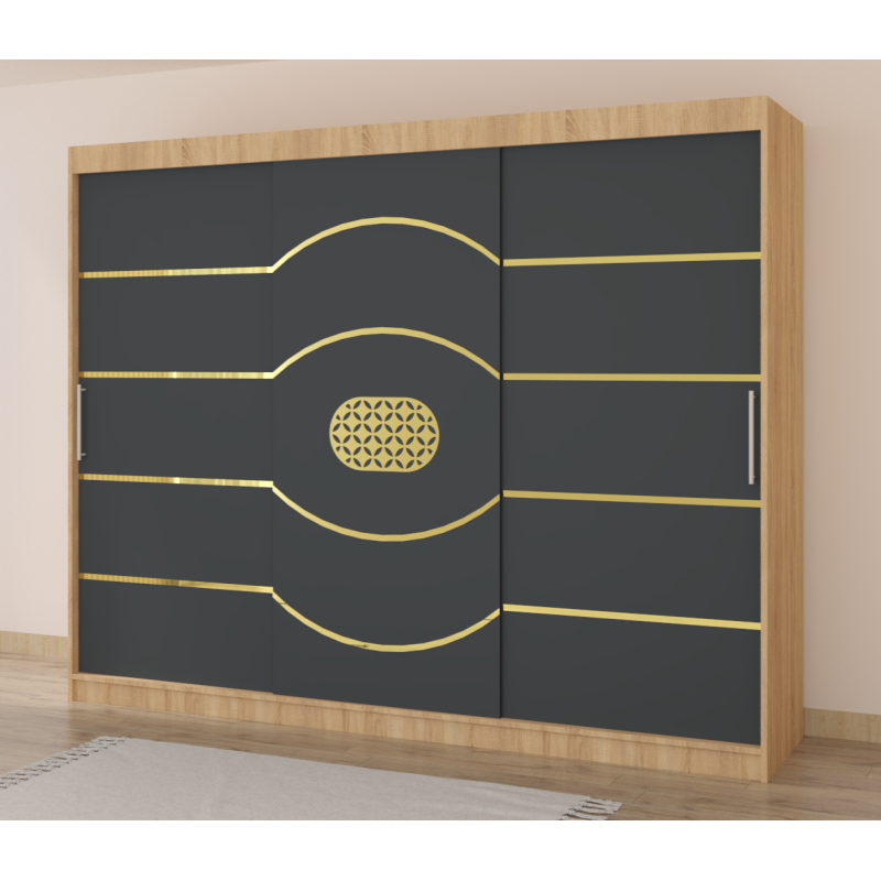 Dulap Nordis 250 cm Sonoma Cu Usi Glisante Gri Fara Oglinda Ornament Gold Rotund Plus