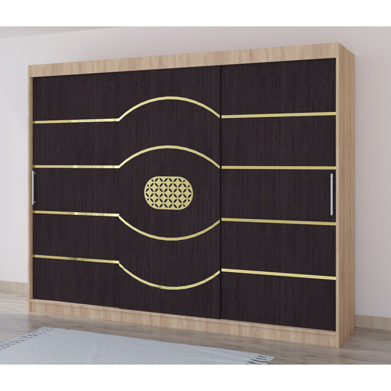 Dulap Nordis 250 cm Sonoma Cu Usi Glisante Wenghe Fara Oglinda Ornament Gold Rotund Plus
