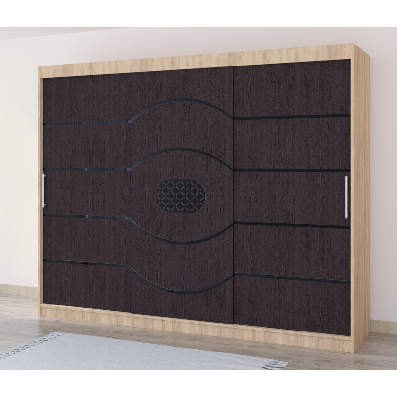 Dulap Nordis 250 cm Sonoma Cu Usi Glisante Wenghe Fara Oglinda Ornament Negru Rotund Plus