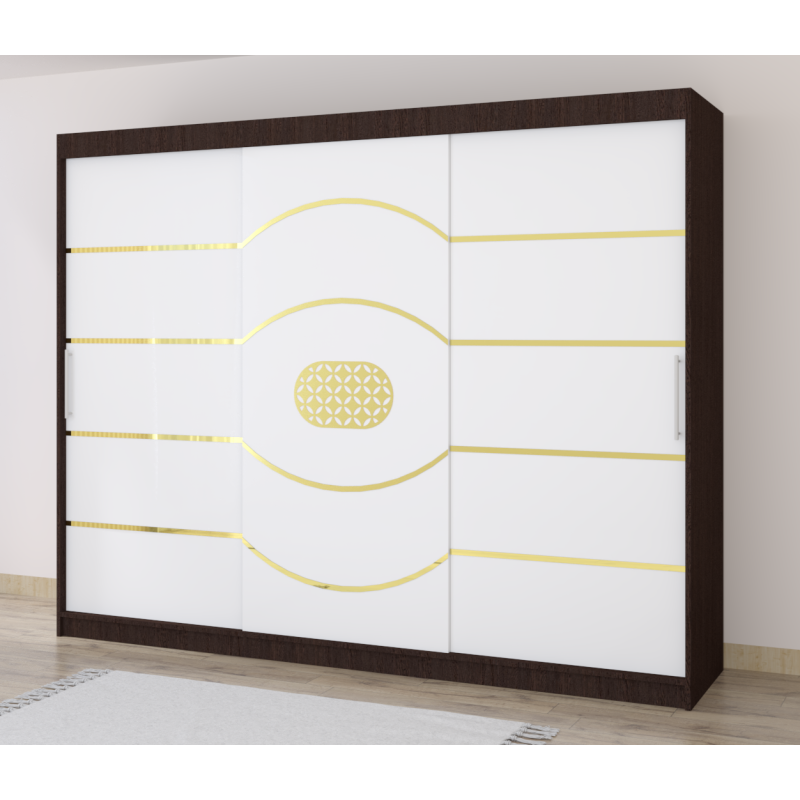 Dulap Nordis 250 cm Wenghe Cu Usi Glisante Albe Fara Oglinda Ornament Gold Rotund Plus