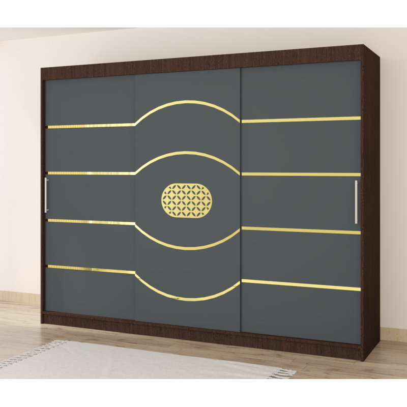 Dulap Nordis 250 cm Wenghe Cu Usi Glisante Gri Fara Oglinda Ornament Gold Rotund Plus