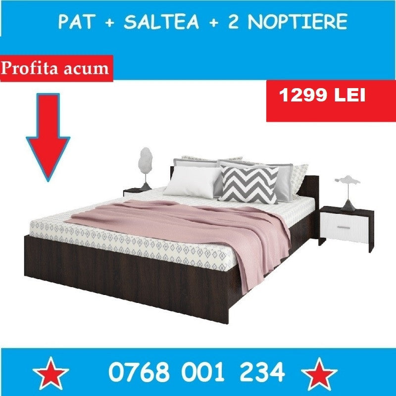 Pat Dublu + Saltea + Noptiere 160 cm x 200 cm wenghe