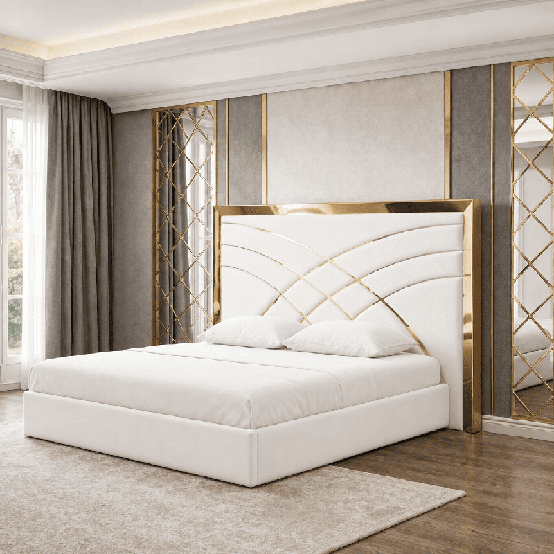 Pat Tapitat Alis Alb din Stofa cu Ornament Gold fara saltea 160 x 200 cm