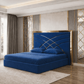 Pat Tapitat Alis Albastru din Stofa cu Ornament Gold fara saltea 160 x 200 cm