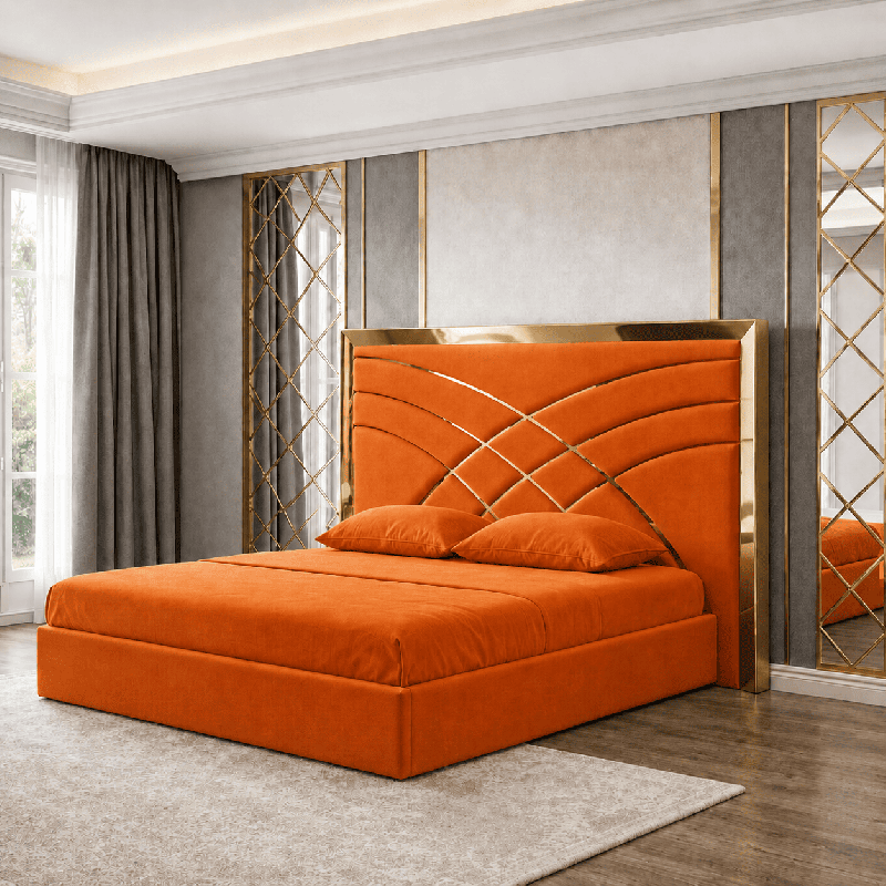 Pat Tapitat Alis Caramiziu din Stofa cu Ornament Gold fara saltea 160 x 200 cm