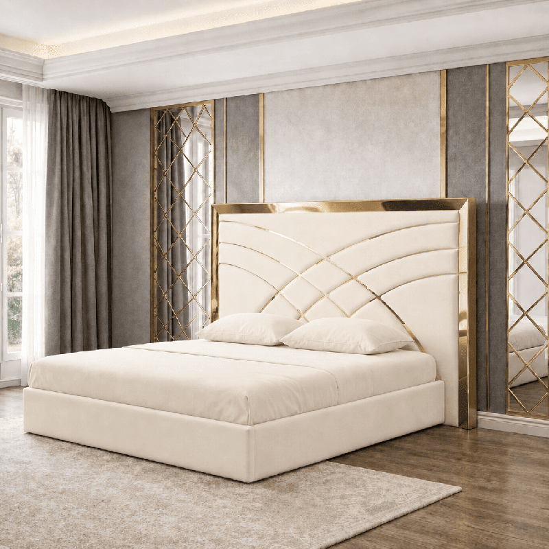 Pat Tapitat Alis Crem din Stofa cu Ornament Gold fara saltea 160 x 200 cm