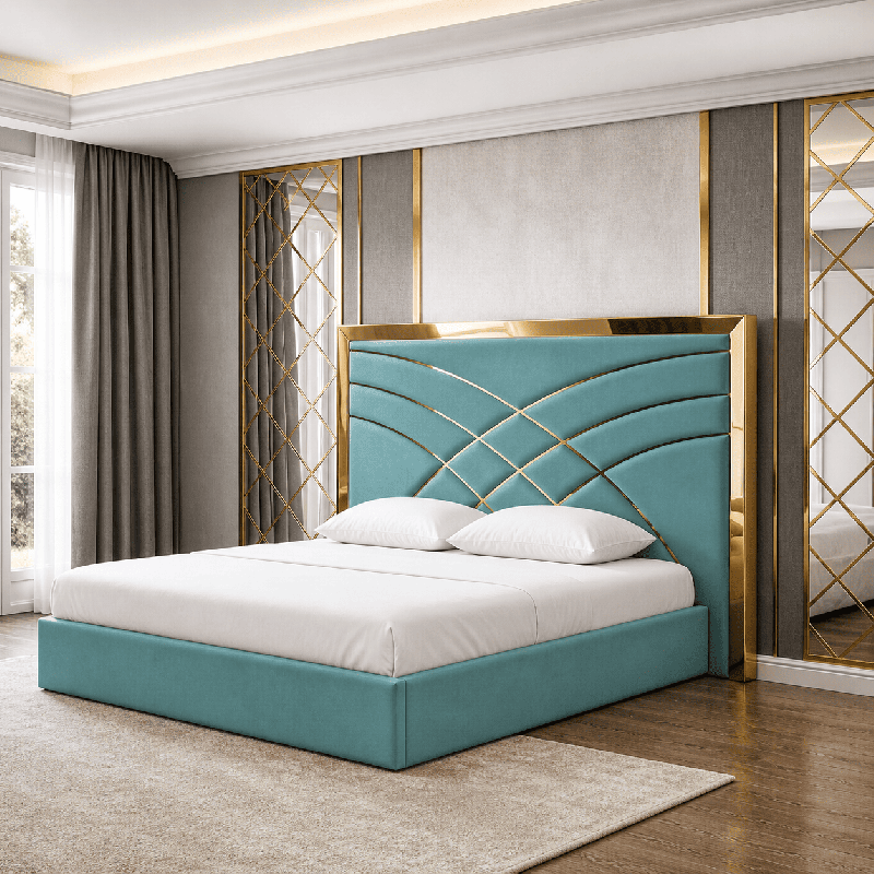 Pat Tapitat Alis Lemon din Stofa cu Ornament Gold fara saltea 160 x 200 cm