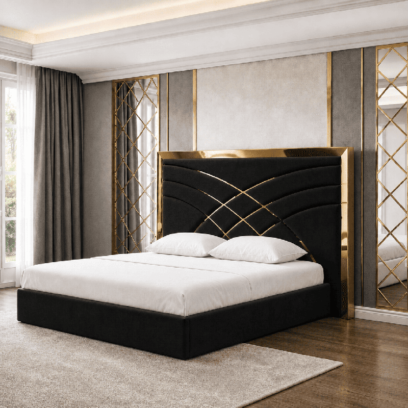 Pat Tapitat Alis Negru din Stofa cu Ornament Gold fara saltea 160 x 200 cm