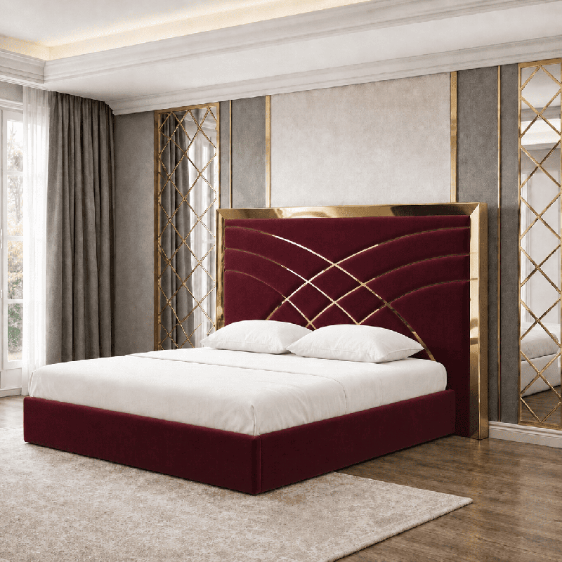 Pat Tapitat Alis Visiniu din Stofa cu Ornament Gold fara saltea 160 x 200 cm