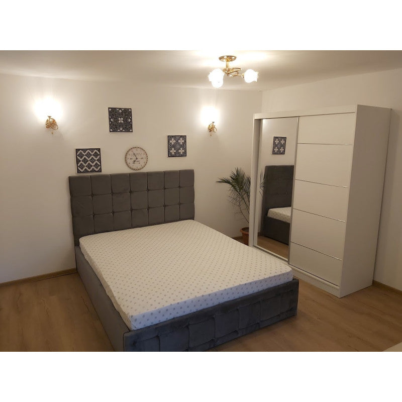 Pat Tapitat Regal 140 cm x 200 cm Gri din Stofa cu Saltea Ortopedica
