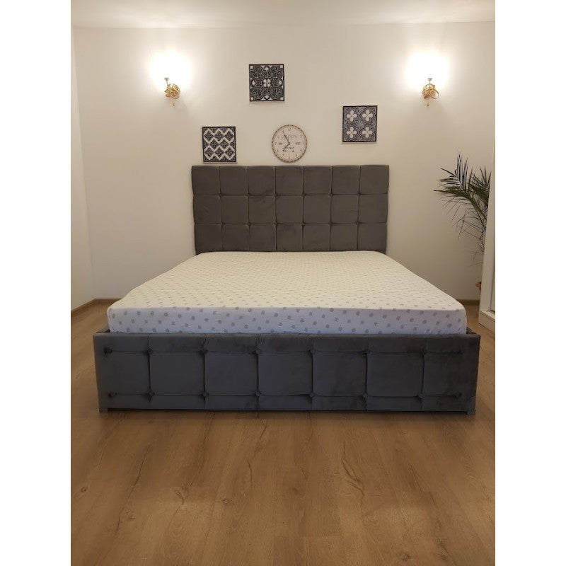 Pat Tapitat Regal 140 cm x 200 cm Gri din Stofa cu Saltea Ortopedica