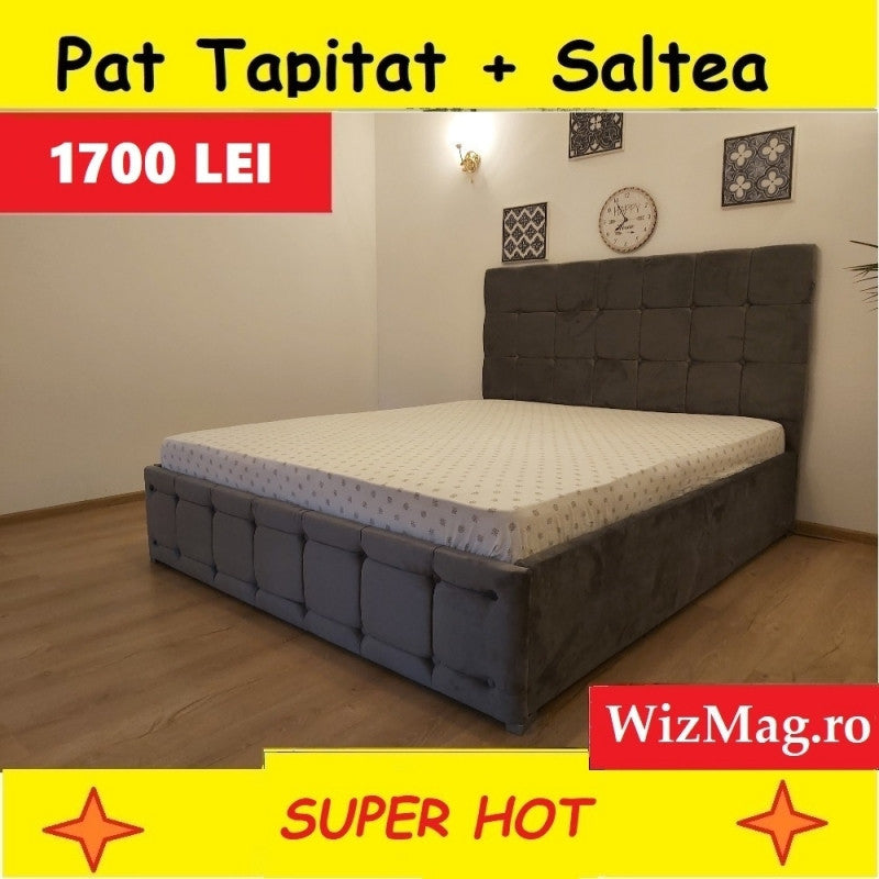 Pat Tapitat Regal 140 cm x 200 cm Gri din Stofa cu Saltea Ortopedica