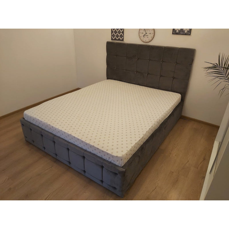 Pat Tapitat Regal 140 cm x 200 cm Gri din Stofa cu Saltea Ortopedica