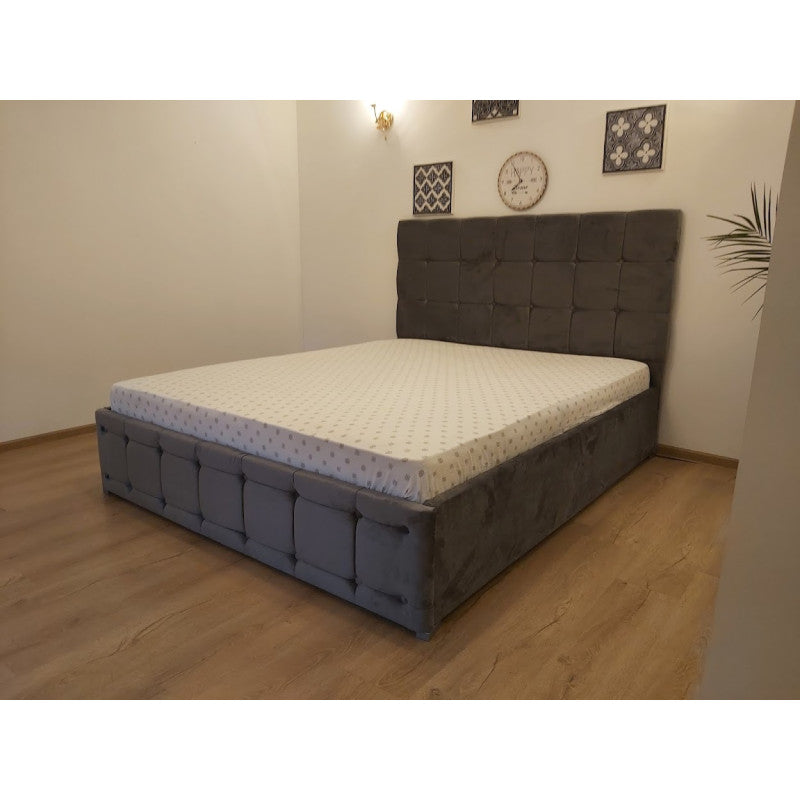Pat Tapitat Regal 140 cm x 200 cm Gri din Stofa cu Saltea Ortopedica
