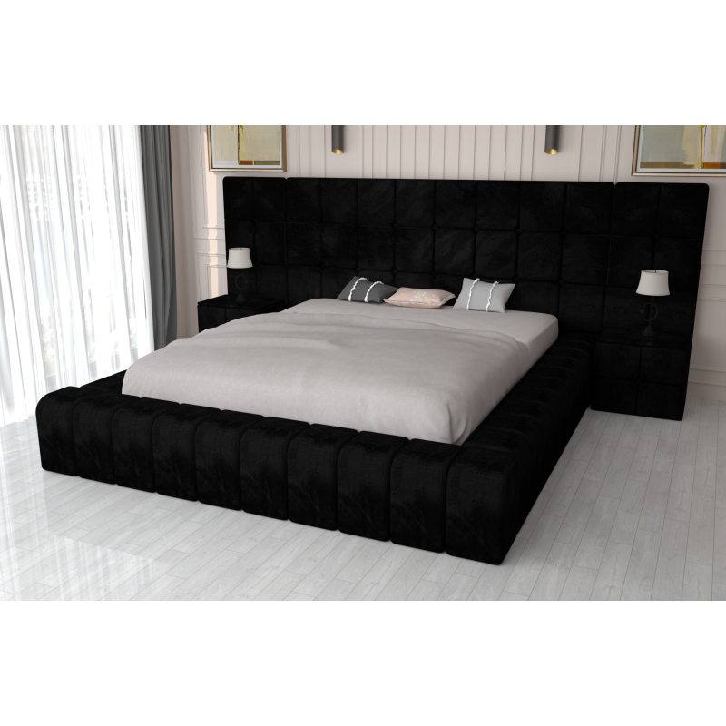 Pat Tapitat Regal Galaxy Negru cu Extensie Noptiere Tapitate si fara Saltea