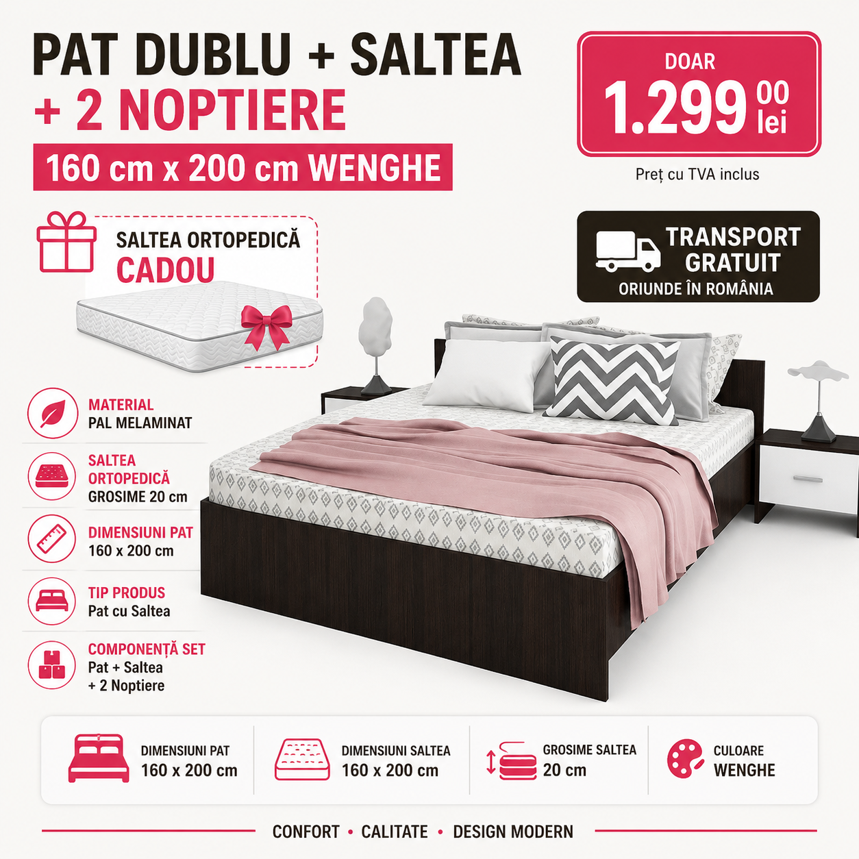 PROMOTIE: Pat Dublu + Saltea + Noptiere 160 cm x 200 cm, Wenghe