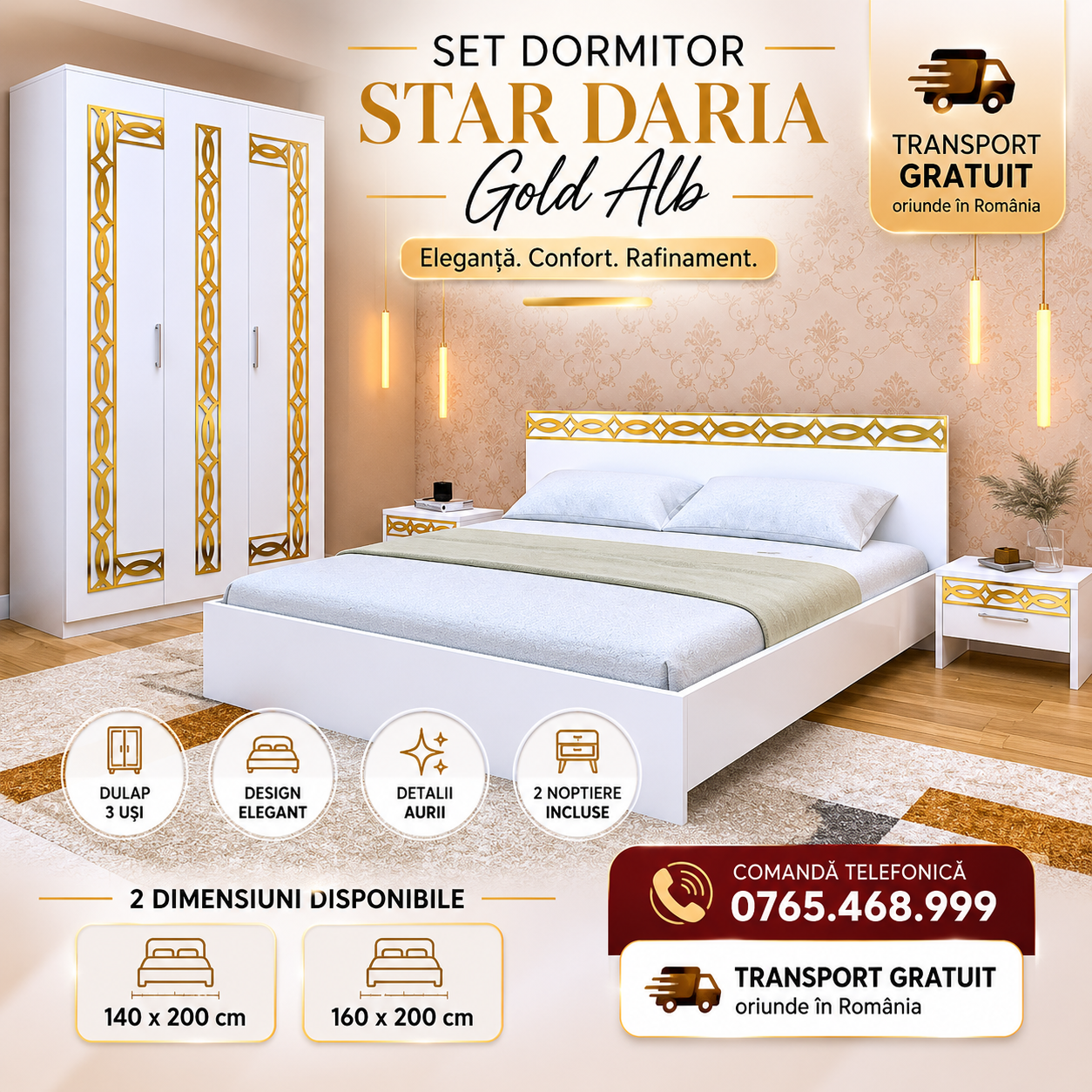 Set Dormitor Star Daria Gold Alb – Eleganță Premium cu Accente Aurii și Dulap 3 Uși